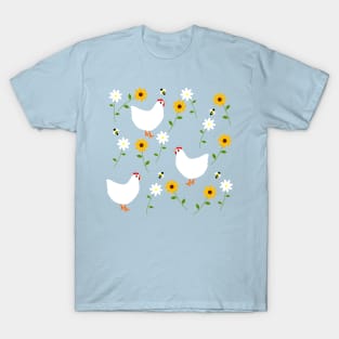 Chickens Scratching in the Daisy Patch on Green T-Shirt